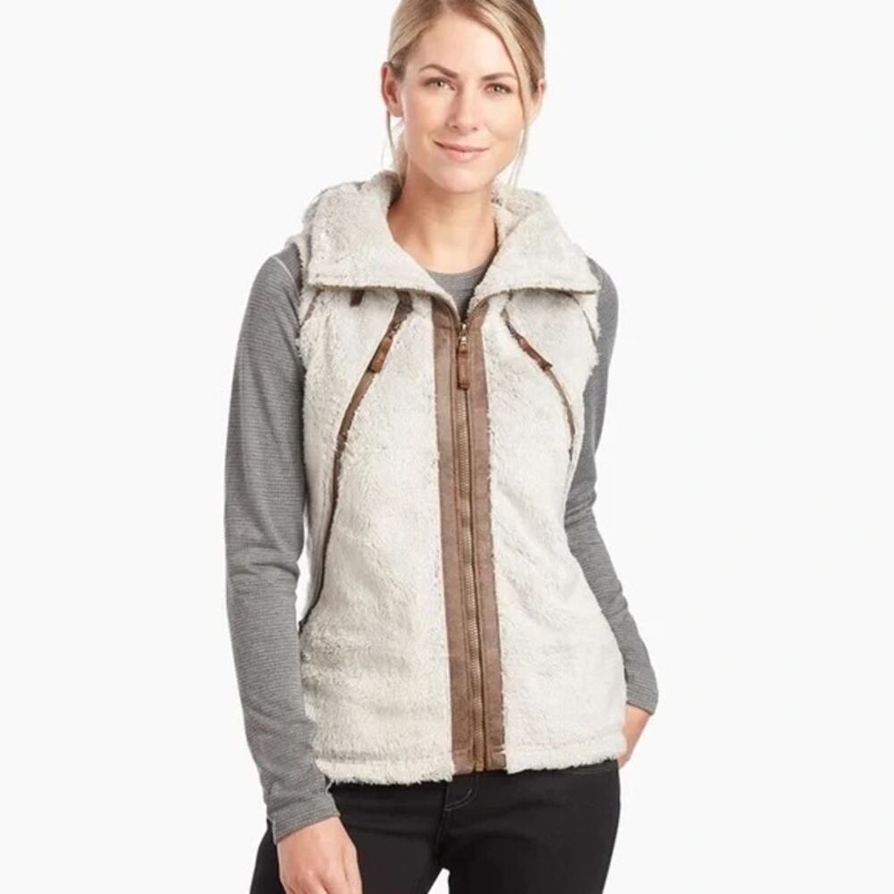 Kuhl Fleece Flight Full Zip Hooded Vest Cream Brown Small